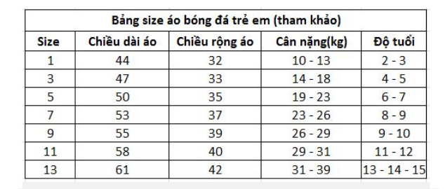 Bảng size áo bóng đá giành cho trẻ em tại Thiago
